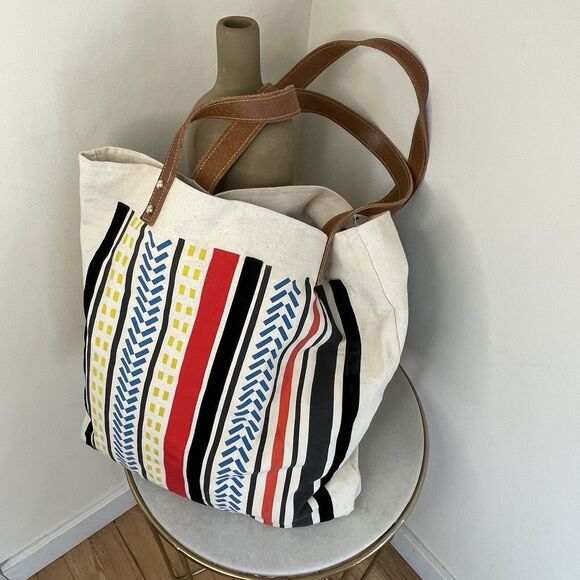 MIDORI Los Angeles Havana Striped Canvas Tote Bag Leather Straps African Print - Picture 5 of 12